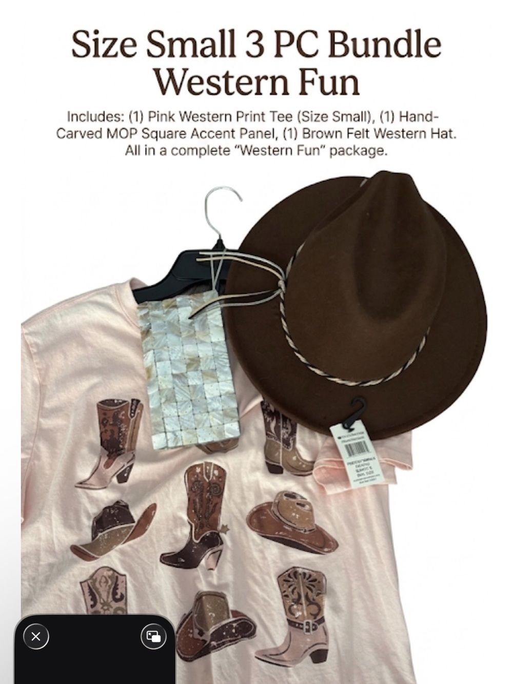 Small bundle Women's Pink Western Boot Print Top with Brown Felt Hat wristlet